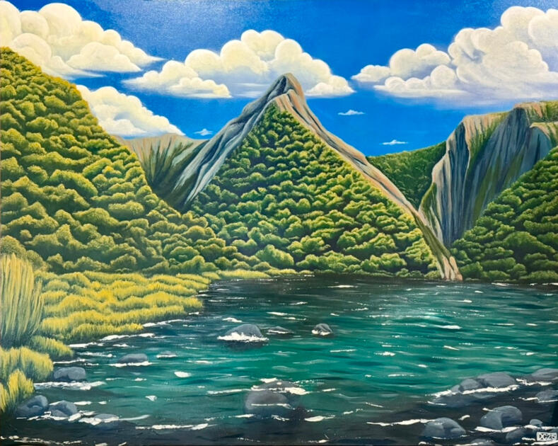 A 3x4 foot painting of Mitre Peak, in New Zealand